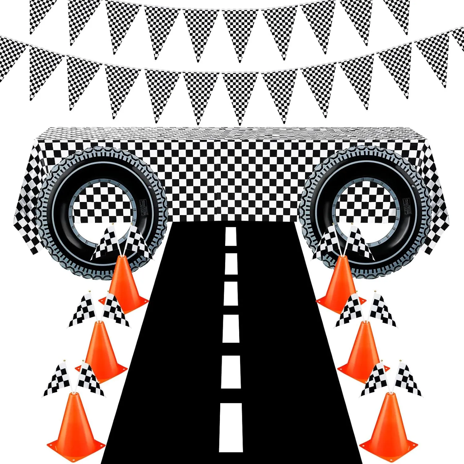 30 Pcs Checkered Racing Car Party Decorations Checked Race Flag Tablecloth Mini Traffic Cones Racing Pennant Banner Race Track Running Mat Tire Tubes Swimming for Decor (Black White Tablecloth)