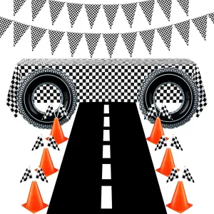 30 Pcs Checkered Racing Car Party Decorations Checked Race Flag Tablecloth Mini Traffic Cones Racing Pennant Banner Race Track Running Mat Tire Tubes Swimming for Decor (Black White Tablecloth)