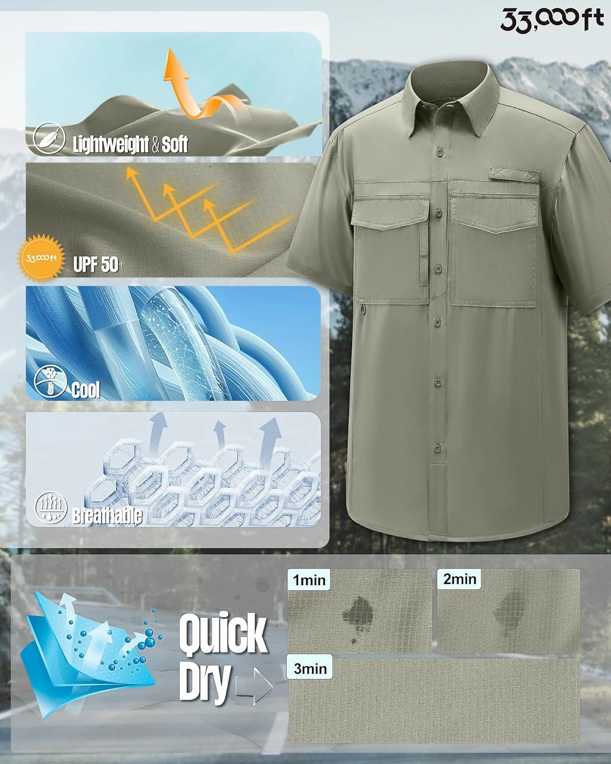 33,000ft Men's Fishing Shirts Lightweight Cool Quick Dry Sun Protection UV Short Sleeve Shirt for Casual Hiking Safari Travel