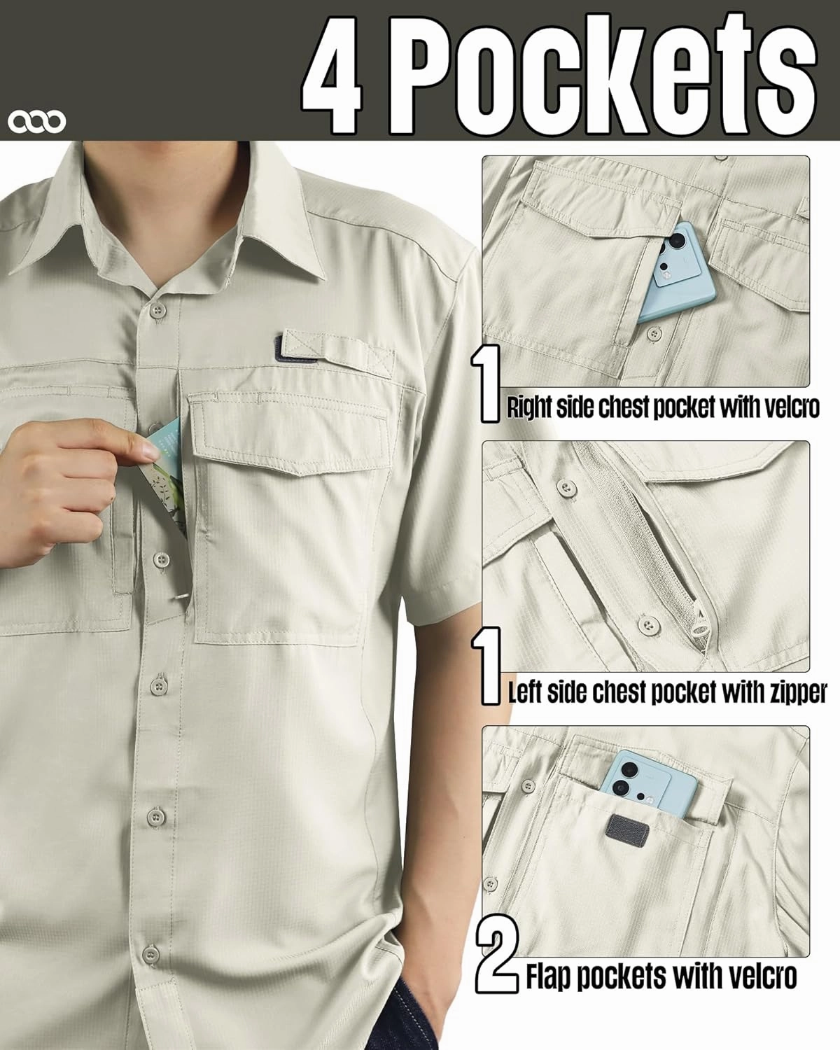 33,000ft Men's Fishing Shirts Lightweight Cool Quick Dry Sun Protection UV Short Sleeve Shirt for Casual Hiking Safari Travel