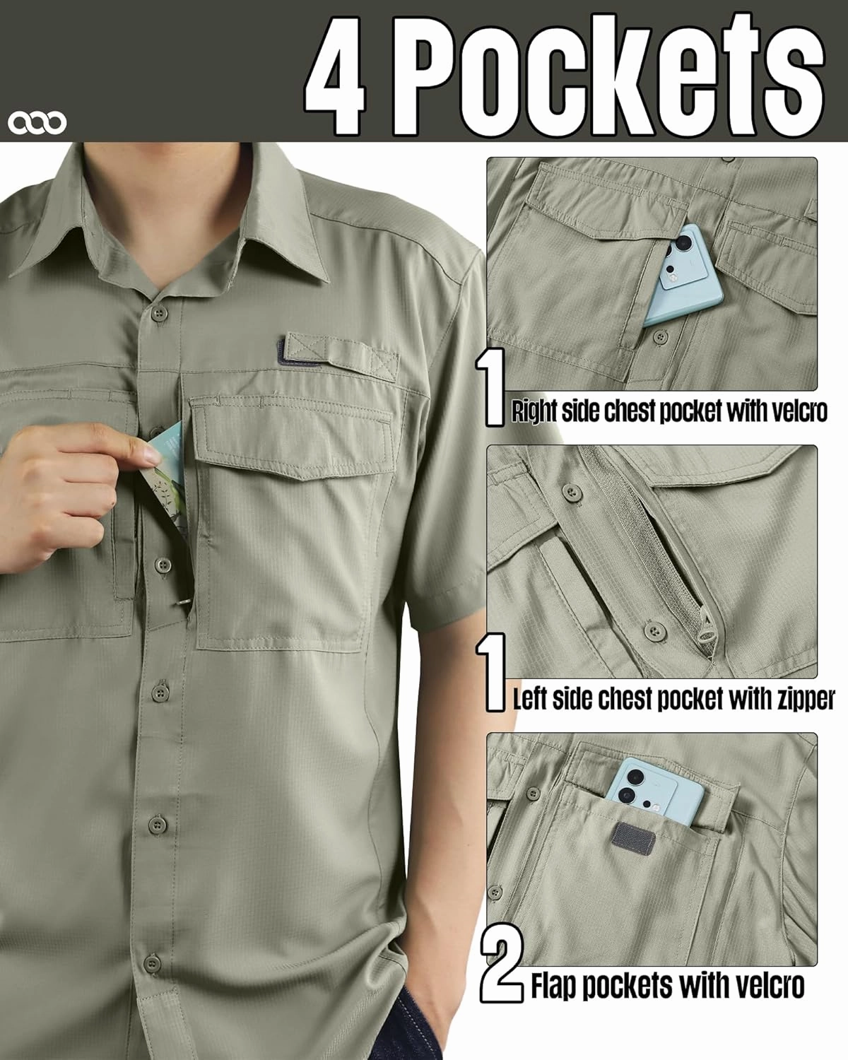 33,000ft Men's Fishing Shirts Lightweight Cool Quick Dry Sun Protection UV Short Sleeve Shirt for Casual Hiking Safari Travel