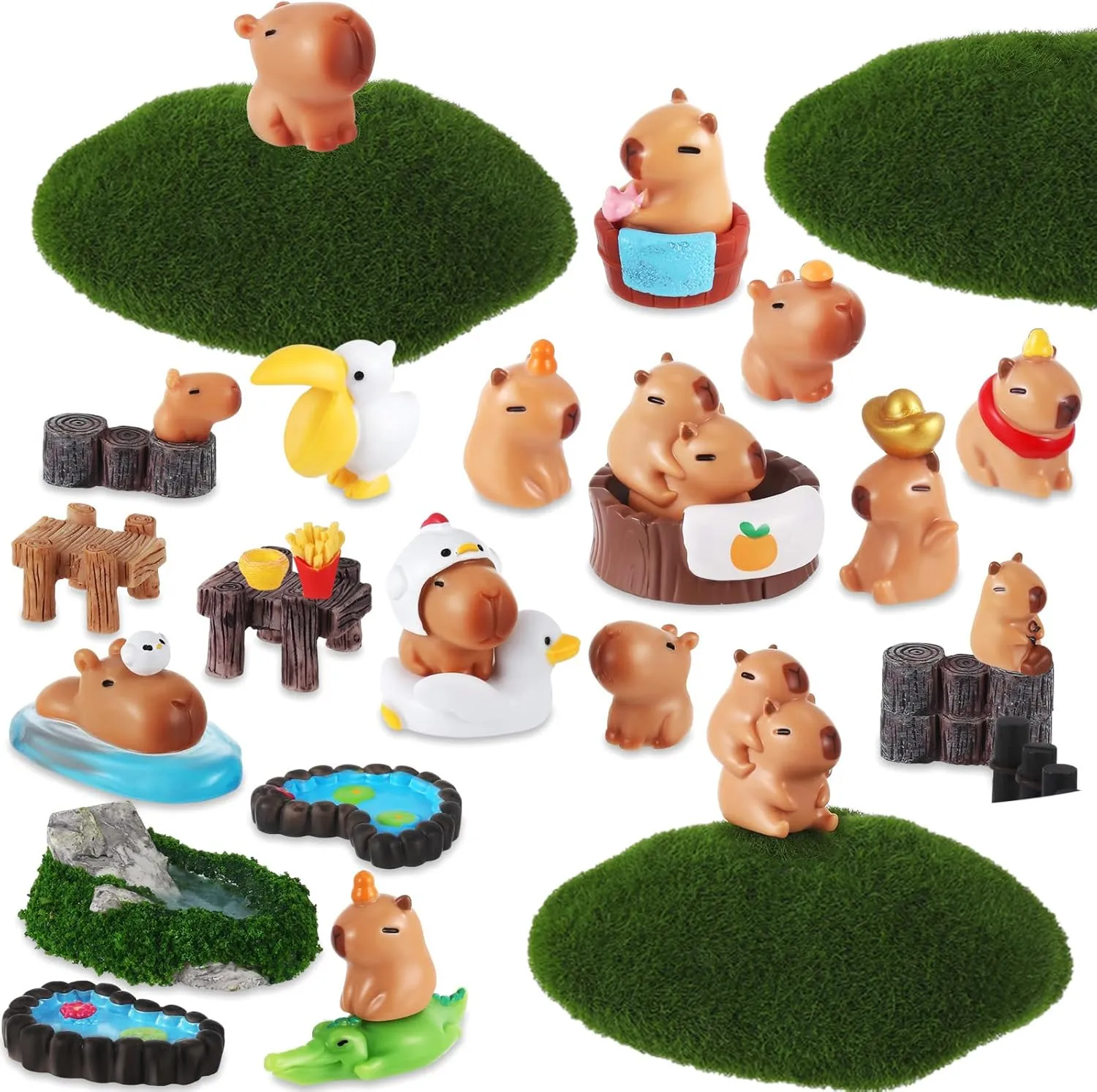 36 Pcs Mini Capybara Figures Playset, 19 Simulation Capybara Model 15 Miniature Garden Accessories 1 French Fries 1 Egg Tart Ornament for Birthday Decoration Cake Topper