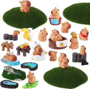 36 Pcs Mini Capybara Figures Playset, 19 Simulation Capybara Model 15 Miniature Garden Accessories 1 French Fries 1 Egg Tart Ornament for Birthday Decoration Cake Topper