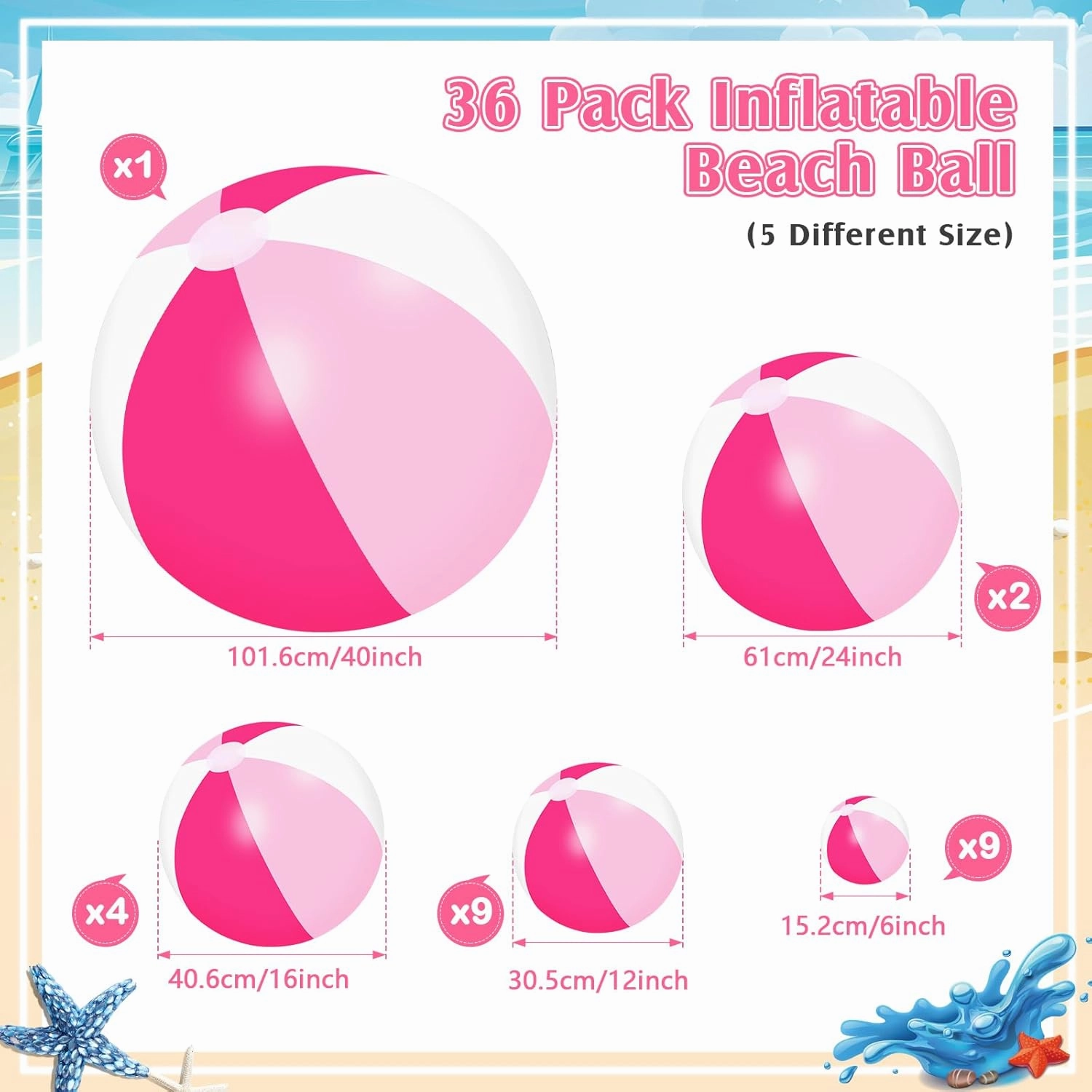 36 Pcs Inflatable Beach Balls Bulk 6" 12" 16" 24" 40" Multiple Sizes PVC Summer Swimming Pool Ball for Adults Outdoor Beach Hawaii Water Games Party Decorations