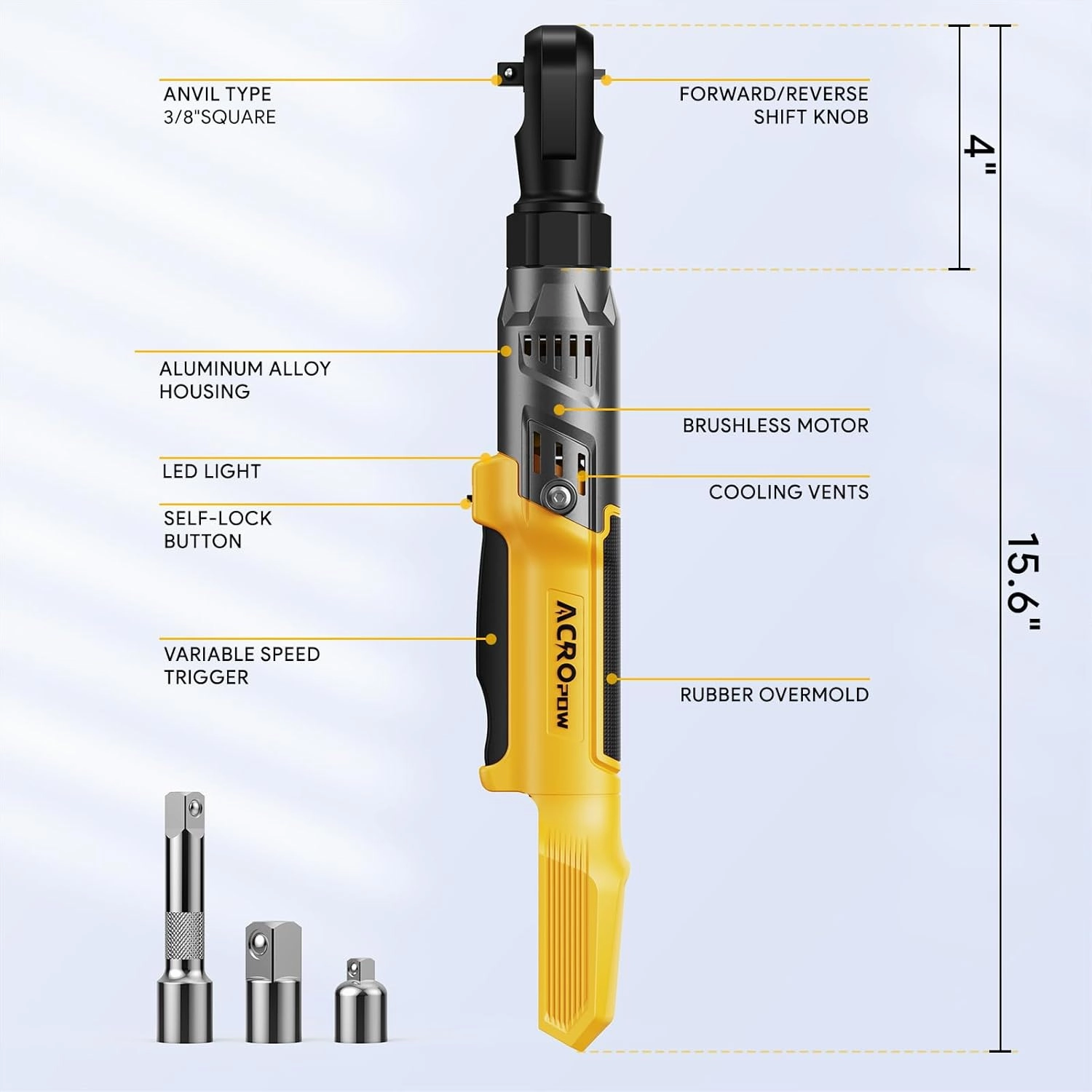 3/8" Cordless Ratchet Wrench, Compatible with DEWALT 20V MAX Battery, 74Ft-Lbs Brushless Motor Electric Ratchet with Variable Speed, 1/2" & 1/4" Adapters, 3" Extension Bar (Tool Only)