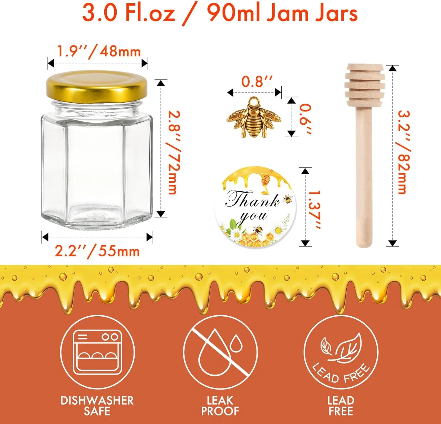 3oz Honey Jars with Dipper 20Pack, AuroTrends Glass Jars for Baby Shower Favors/Wedding Favors for Guests Bulk-Mini Jars with Wooden Dippers/Bee Charms/Stickers/Jute Twine (3 fl.oz-20Pack)
