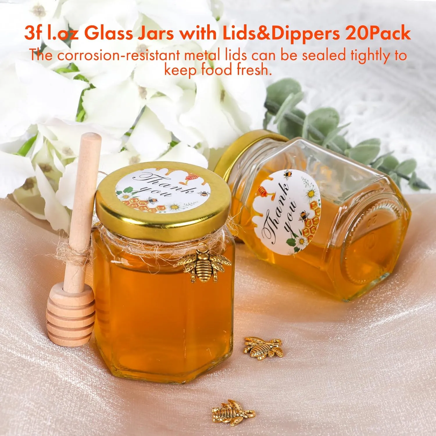 3oz Honey Jars with Dipper 20Pack, AuroTrends Glass Jars for Baby Shower Favors/Wedding Favors for Guests Bulk-Mini Jars with Wooden Dippers/Bee Charms/Stickers/Jute Twine (3 fl.oz-20Pack)
