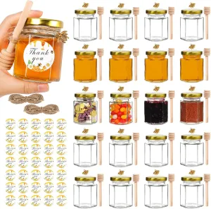 3oz Honey Jars with Dipper 20Pack, AuroTrends Glass Jars for Baby Shower Favors/Wedding Favors for Guests Bulk-Mini Jars with Wooden Dippers/Bee Charms/Stickers/Jute Twine (3 fl.oz-20Pack)