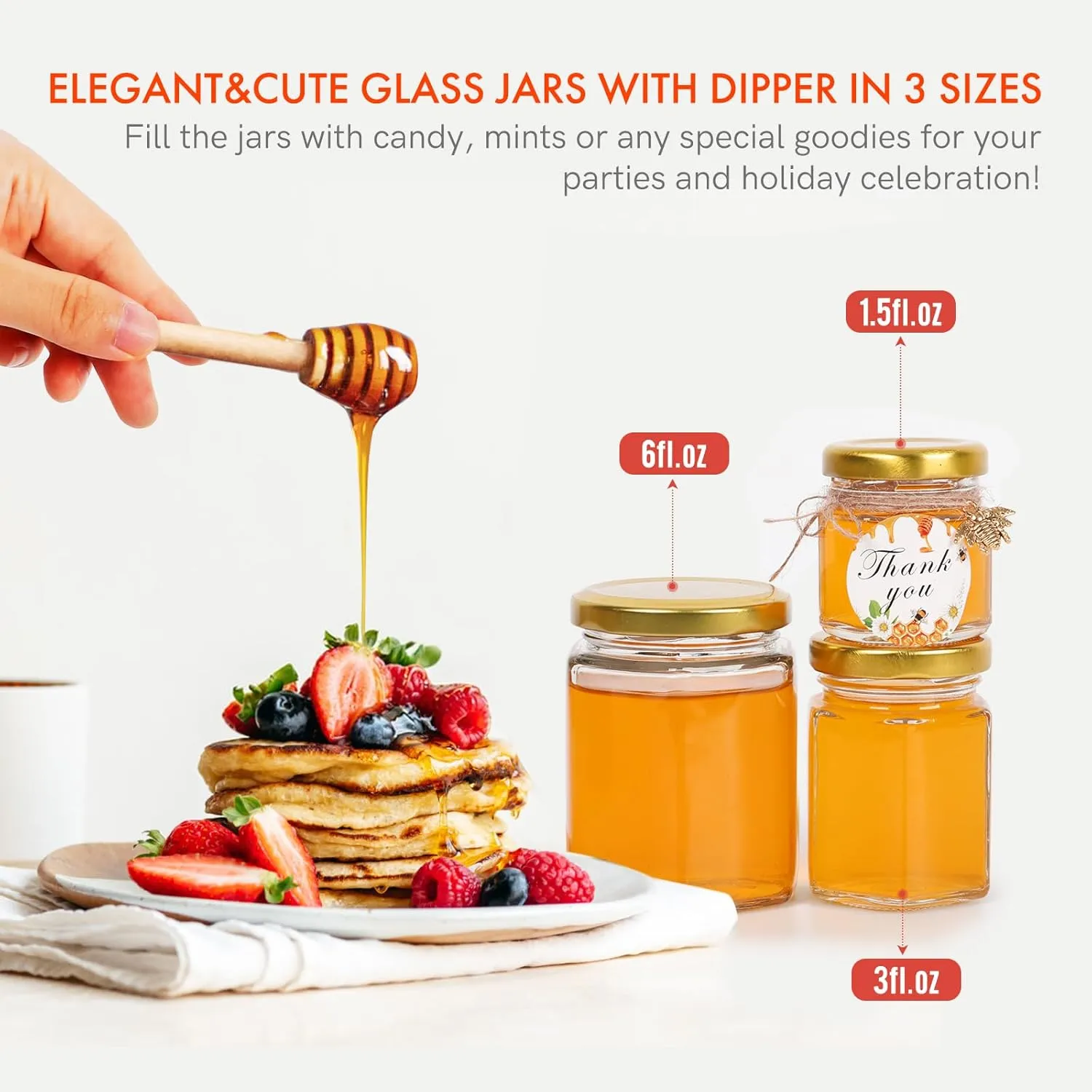 3oz Honey Jars with Dipper 20Pack, AuroTrends Glass Jars for Baby Shower Favors/Wedding Favors for Guests Bulk-Mini Jars with Wooden Dippers/Bee Charms/Stickers/Jute Twine (3 fl.oz-20Pack)