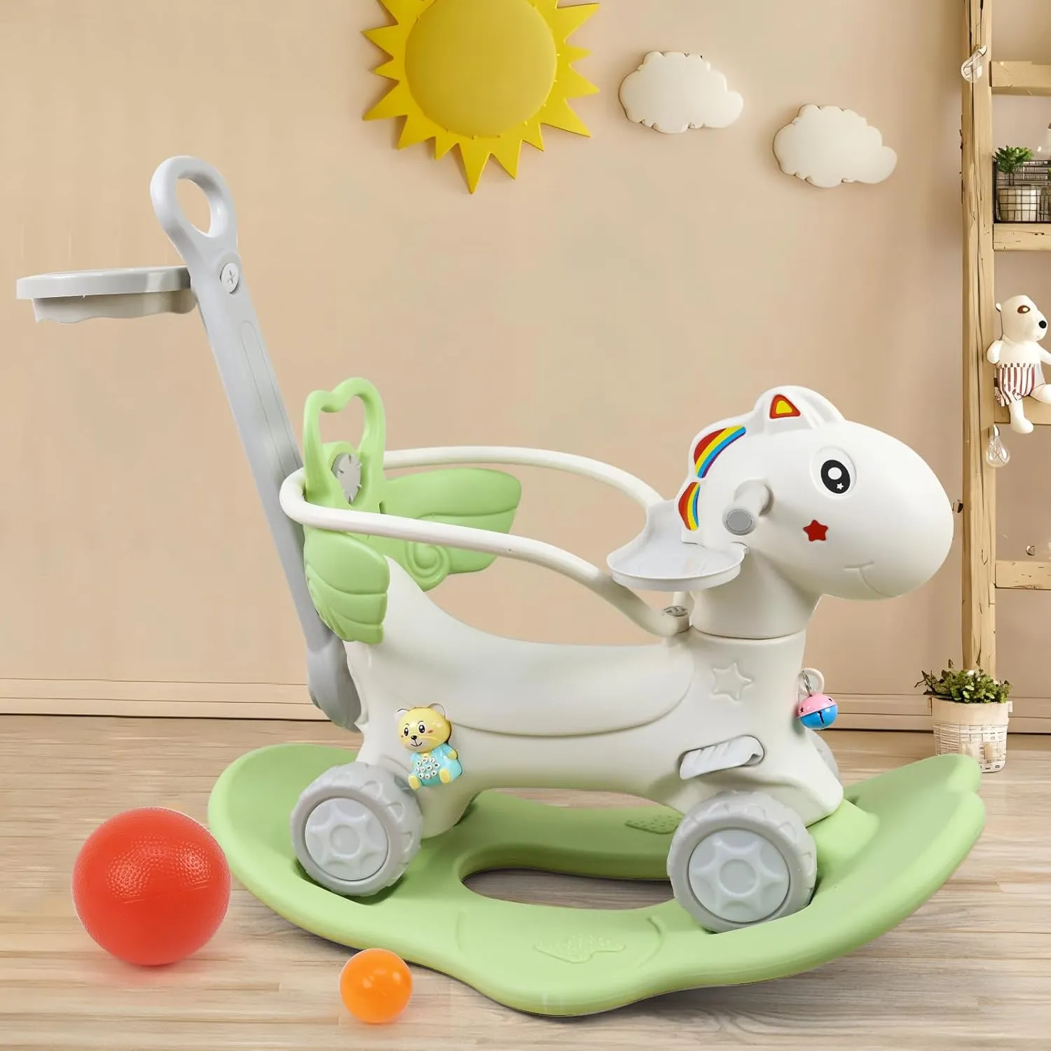 4 in 1 Rocking Horse for Toddlers 1-3 Years Old, Balance Bike Ride On Toys with Push Handle, Backrest and Balance Board for Baby Girl and Boy, Unicorn Kids Riding Birthday (Green-New)