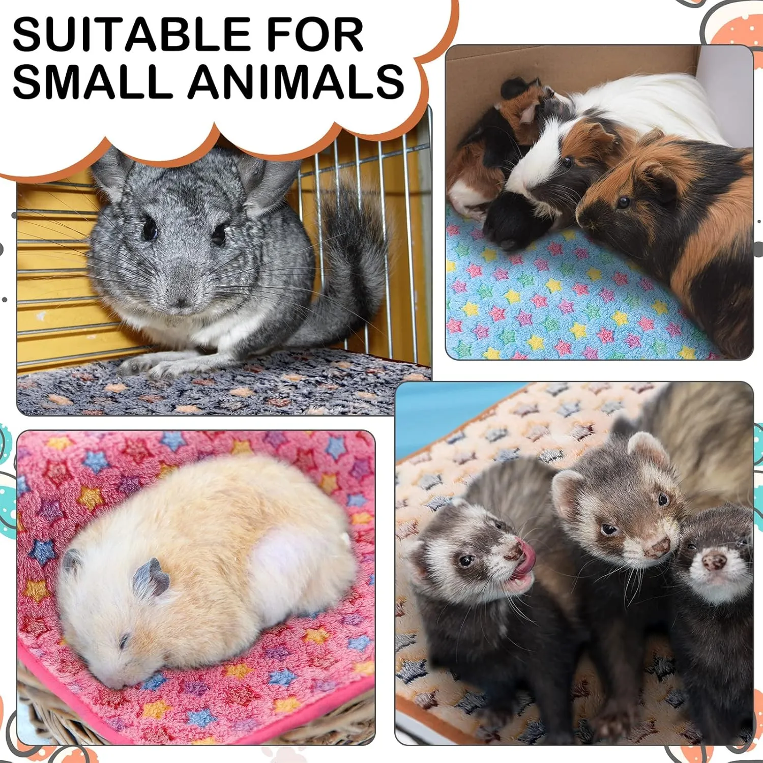 4 Pcs Waterproof Guinea Pig Blankets Washable Small Animal Fleece Bedding Absorbent Guinea Pig Cage Liners Reusable Pet Pee Pad Sleep Mat Pad Cover for Hamster Ferret (Star Pattern,12 x 12 Inch)