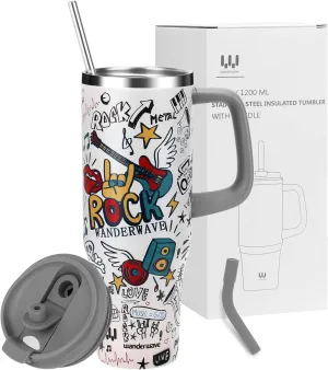 40 oz Insulated Tumbler with Handle, Stainless Steel Straw and silicone sleeves, Leakproof Travel Mug for Water, Iced Tea or Coffee, Insulated Cup Gifts for Women & Men, Music Pattern