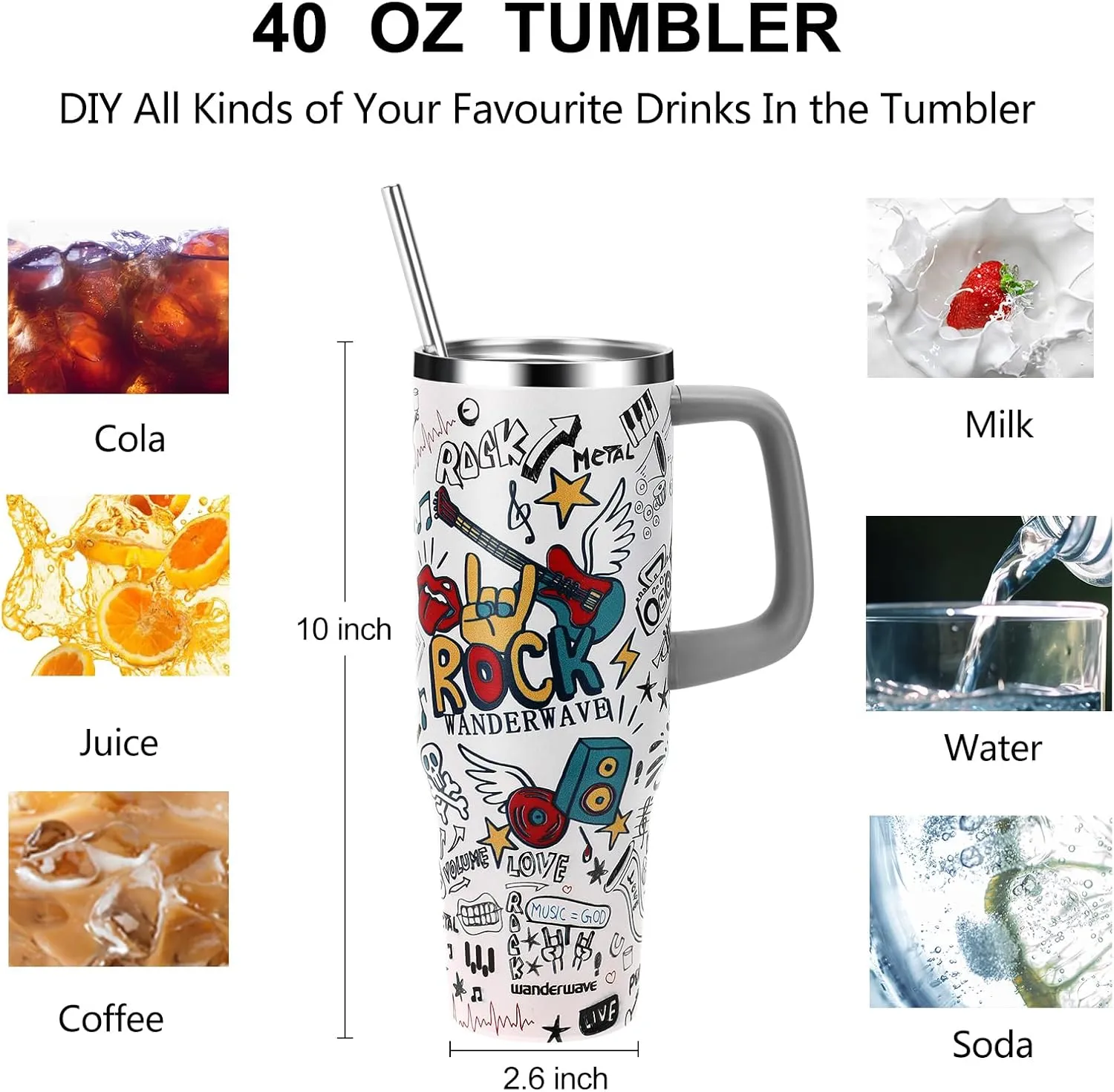 40 oz Insulated Tumbler with Handle, Stainless Steel Straw and silicone sleeves, Leakproof Travel Mug for Water, Iced Tea or Coffee, Insulated Cup Gifts for Women & Men, Music Pattern