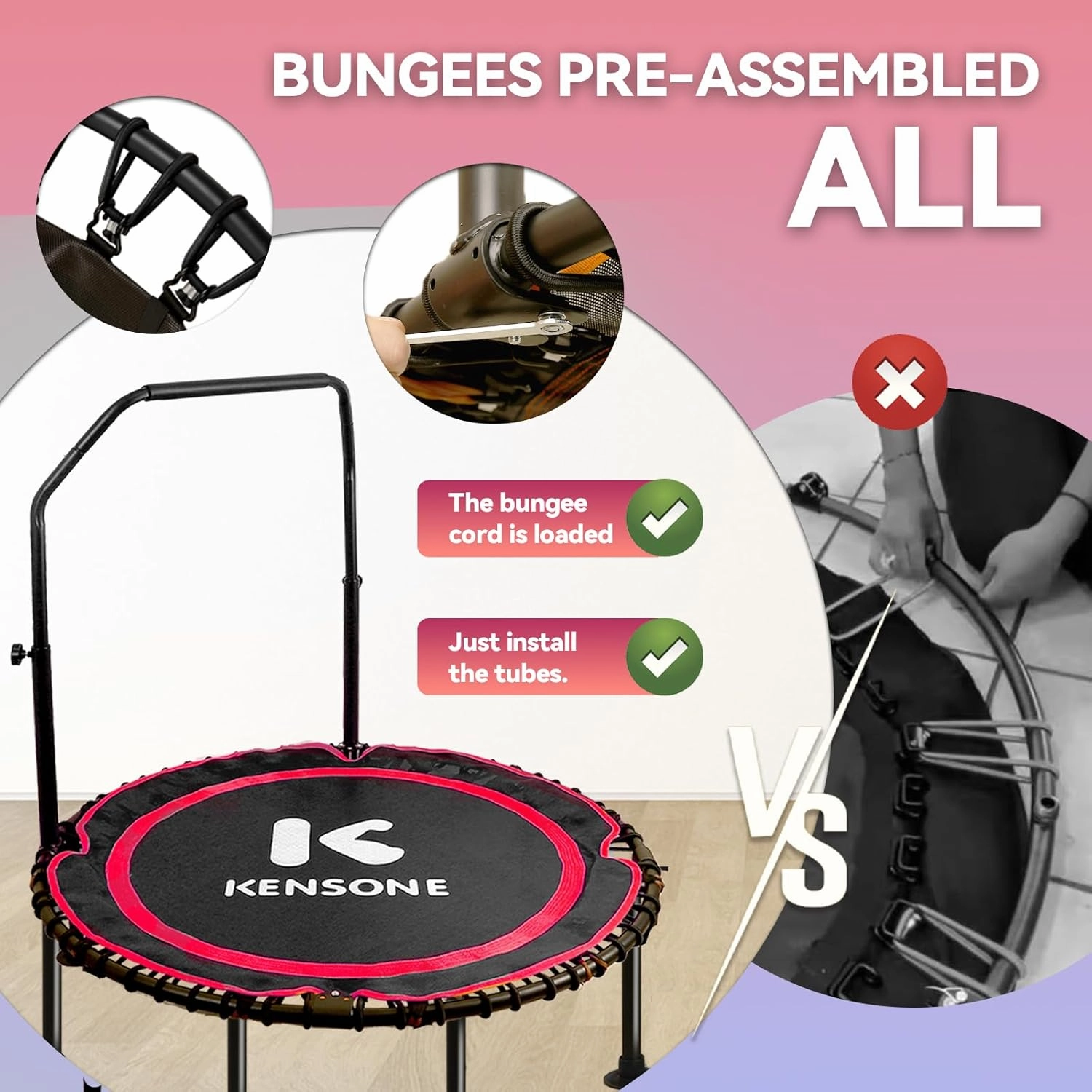 40/48" Mini Rebounder for Adults with Bungee Cords, 450/550LBS Quiet Indoor Exercise Trampoline with Adjustable Foam Handle Bar for Gym Workout, Home Fitness