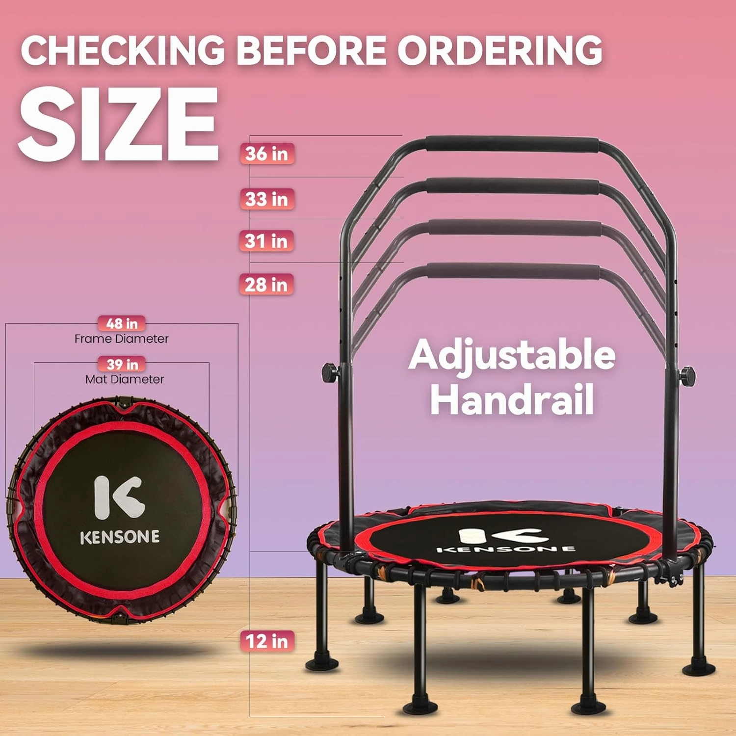 40/48" Mini Rebounder for Adults with Bungee Cords, 450/550LBS Quiet Indoor Exercise Trampoline with Adjustable Foam Handle Bar for Gym Workout, Home Fitness
