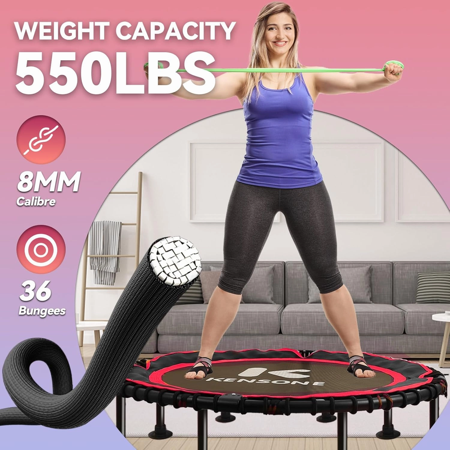40/48" Mini Rebounder for Adults with Bungee Cords, 450/550LBS Quiet Indoor Exercise Trampoline with Adjustable Foam Handle Bar for Gym Workout, Home Fitness