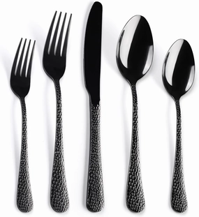 40 Piece Forged Black Flatware Set for 8 SANLUNS Stainless Steel Heavy Hammered Silverware Fine Dining Utensils Tableware Unique Cutlery Knives Forks Spoons,Reusable Holiday Gifts Mirror Dishwasher