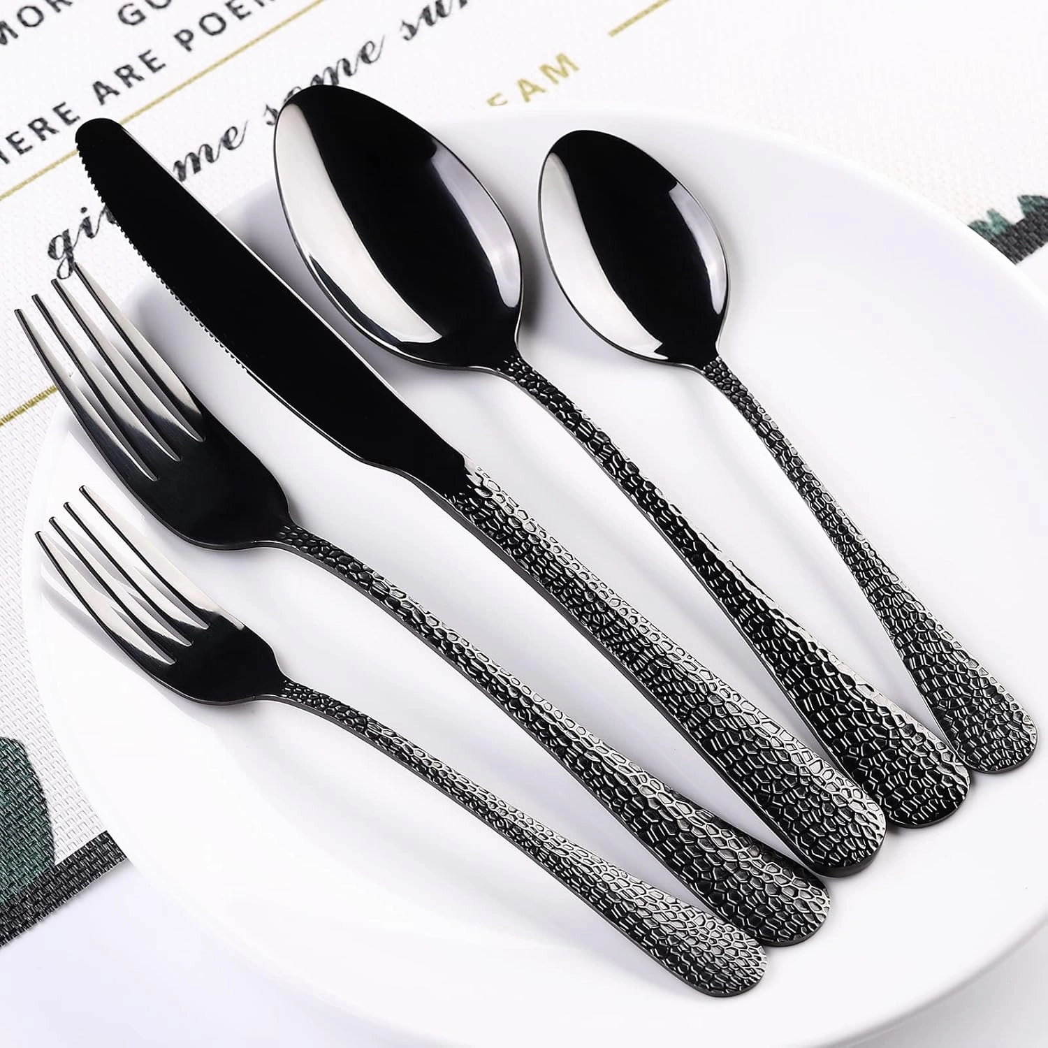 40 Piece Forged Black Flatware Set for 8 SANLUNS Stainless Steel Heavy Hammered Silverware Fine Dining Utensils Tableware Unique Cutlery Knives Forks Spoons,Reusable Holiday Gifts Mirror Dishwasher