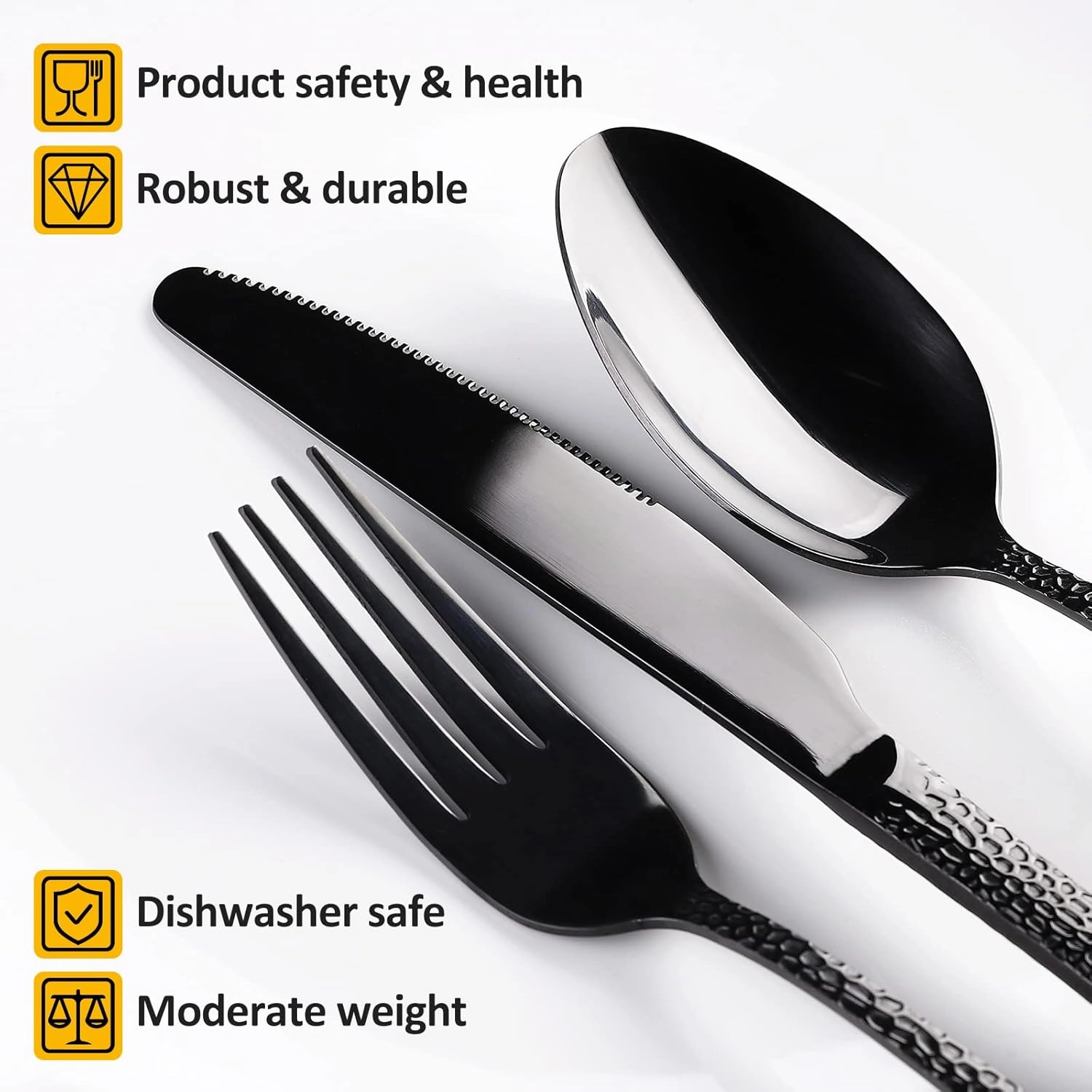 40 Piece Forged Black Flatware Set for 8 SANLUNS Stainless Steel Heavy Hammered Silverware Fine Dining Utensils Tableware Unique Cutlery Knives Forks Spoons,Reusable Holiday Gifts Mirror Dishwasher