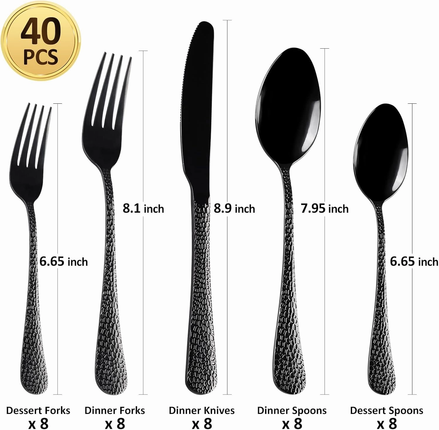 40 Piece Forged Black Flatware Set for 8 SANLUNS Stainless Steel Heavy Hammered Silverware Fine Dining Utensils Tableware Unique Cutlery Knives Forks Spoons,Reusable Holiday Gifts Mirror Dishwasher