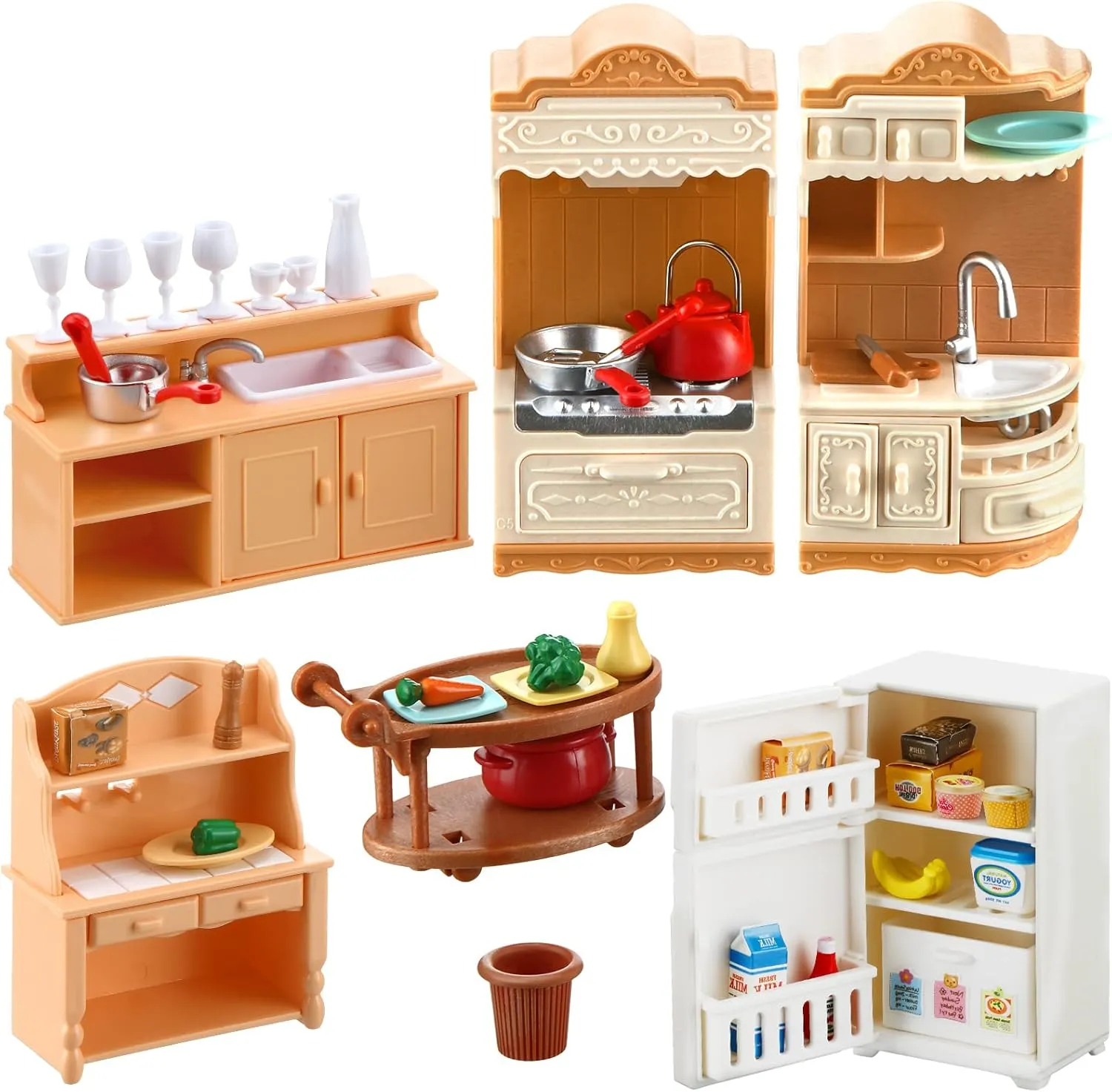 43 Pcs Dollhouse Furniture Kitchen Play Set Miniature Refrigerator with Mini Food Pots and Pans Set Pretend Play Kitchen Accessories Toys