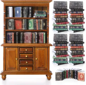 48 Pcs 1:12 Scale Dollhouse Miniatures Books with 1 Miniature Wooden Bookshelf Mini Bookcase Doll House Furniture Accessories for Mini Library Bedroom Decoration(Brown)