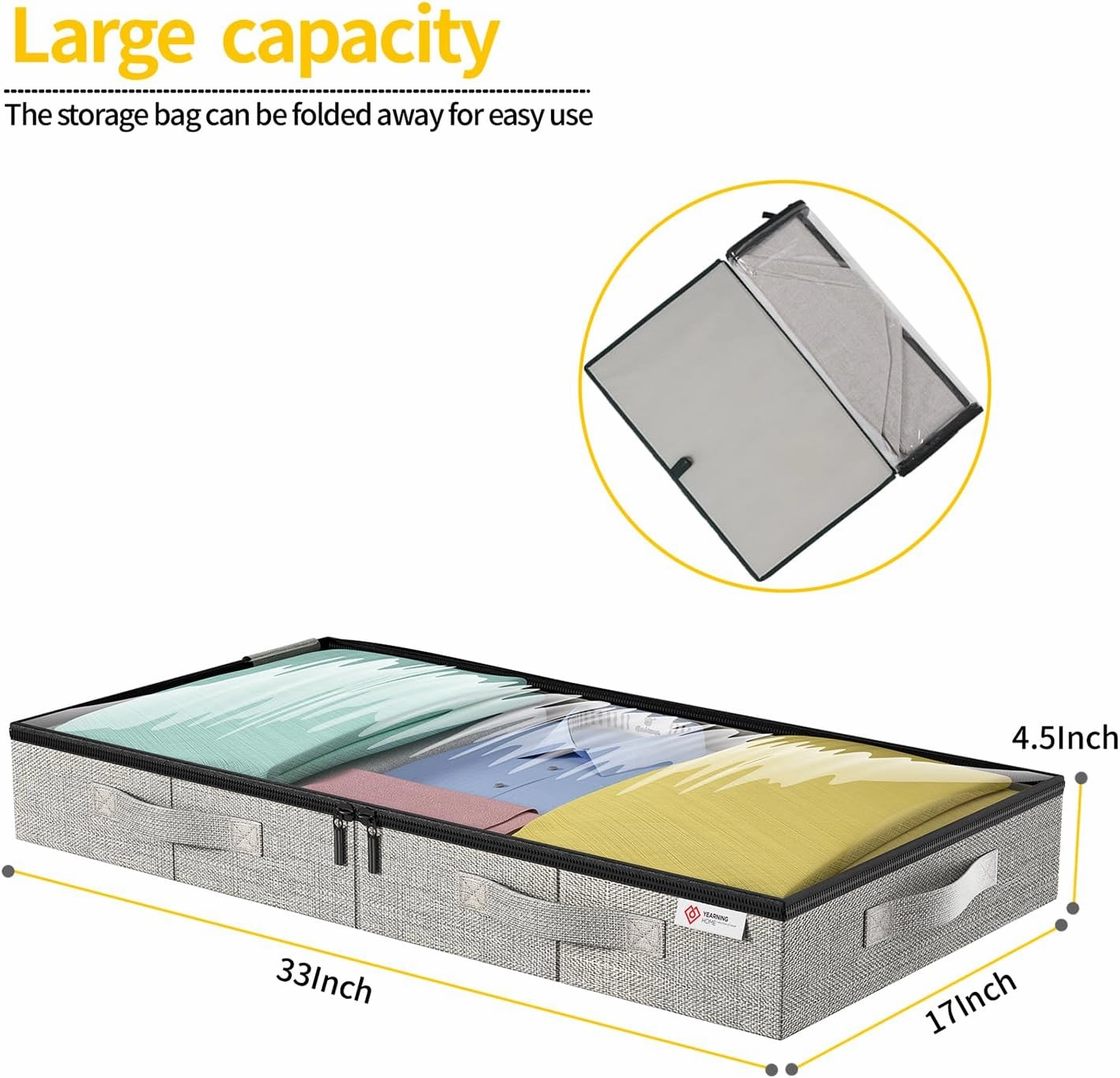 4.5 Inches Under Bed Storage Containers, 2Pack Low Profile Underbed Storage Box with Sturdy Sidewalls/Bottom and lids for Clothes, Blanket, Pillows and Shoes, Thick Fabric with Sturdy Structure