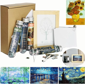 4 Pack Mini Jigsaw Puzzles for Adults Starry Night,Sunflower, Water Lilies,6 X 4 Inches Small Micro Travel Puzzles with Frame, Pattern Guide & Stickers(n-p)