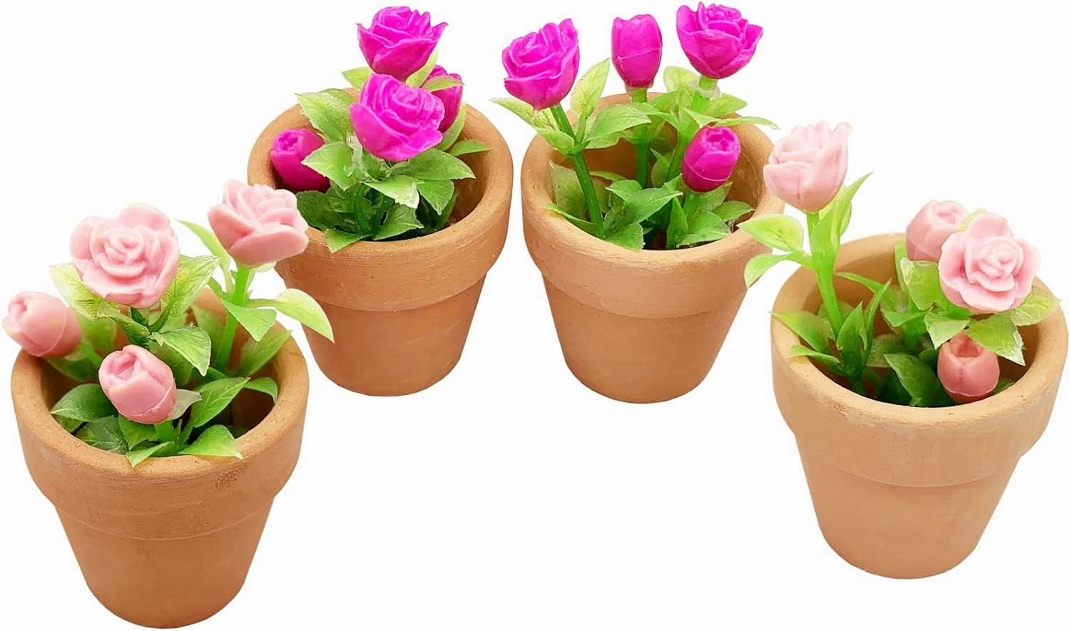 4 Pieces Mini Dollhouse Potted Plant Flower Model 1:12 Miniature Scene Bonsai Plant Set Accessories Micro Landscape Decoration (Rose Pink)