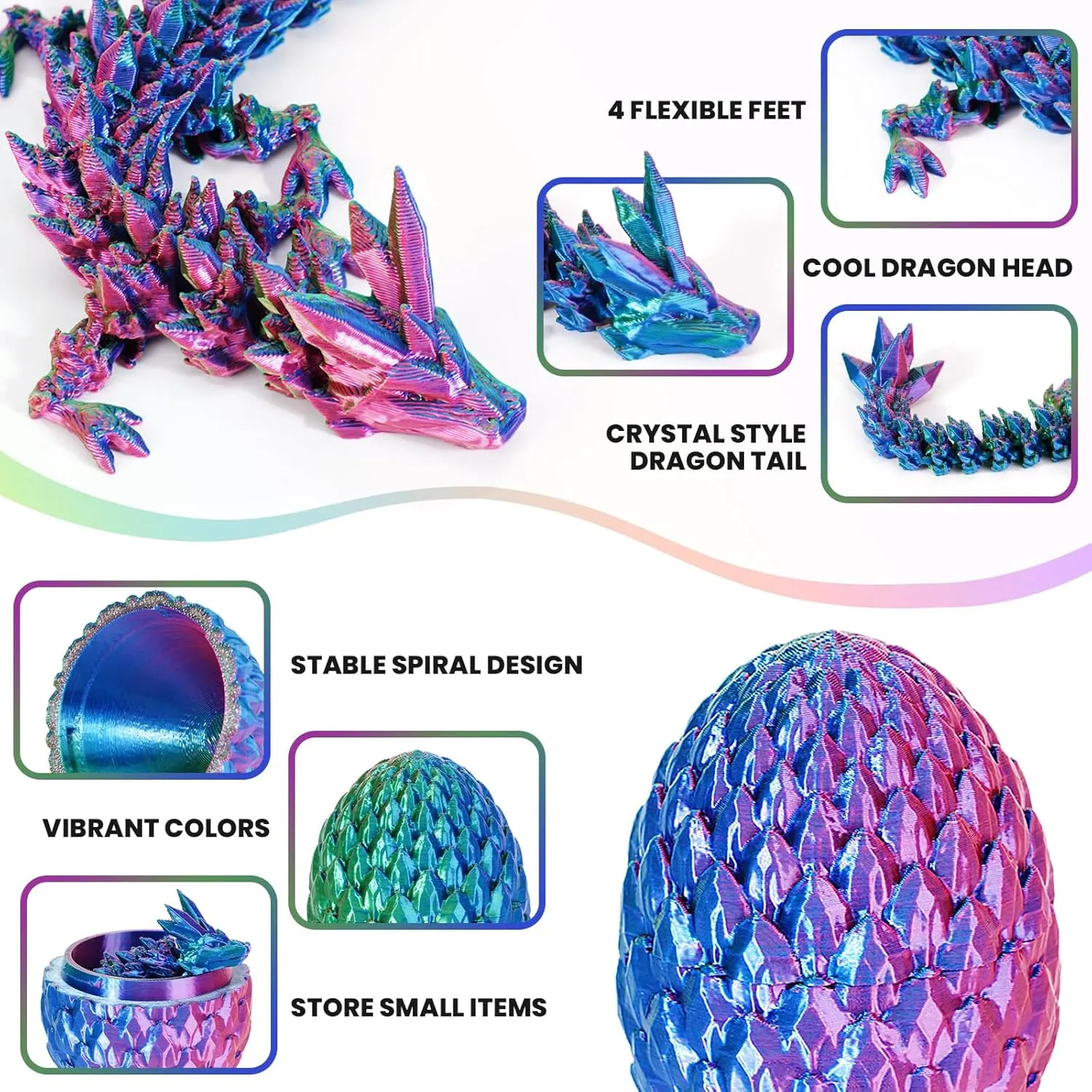 4PCS Dragon Eggs with Dragon Inside Mini Dragon Eggs Set Mystery Dragon Egg Fidget Toy Articulated Dragon 3D Printed Animals Set Mini Articulated Crystal Dragon Toy