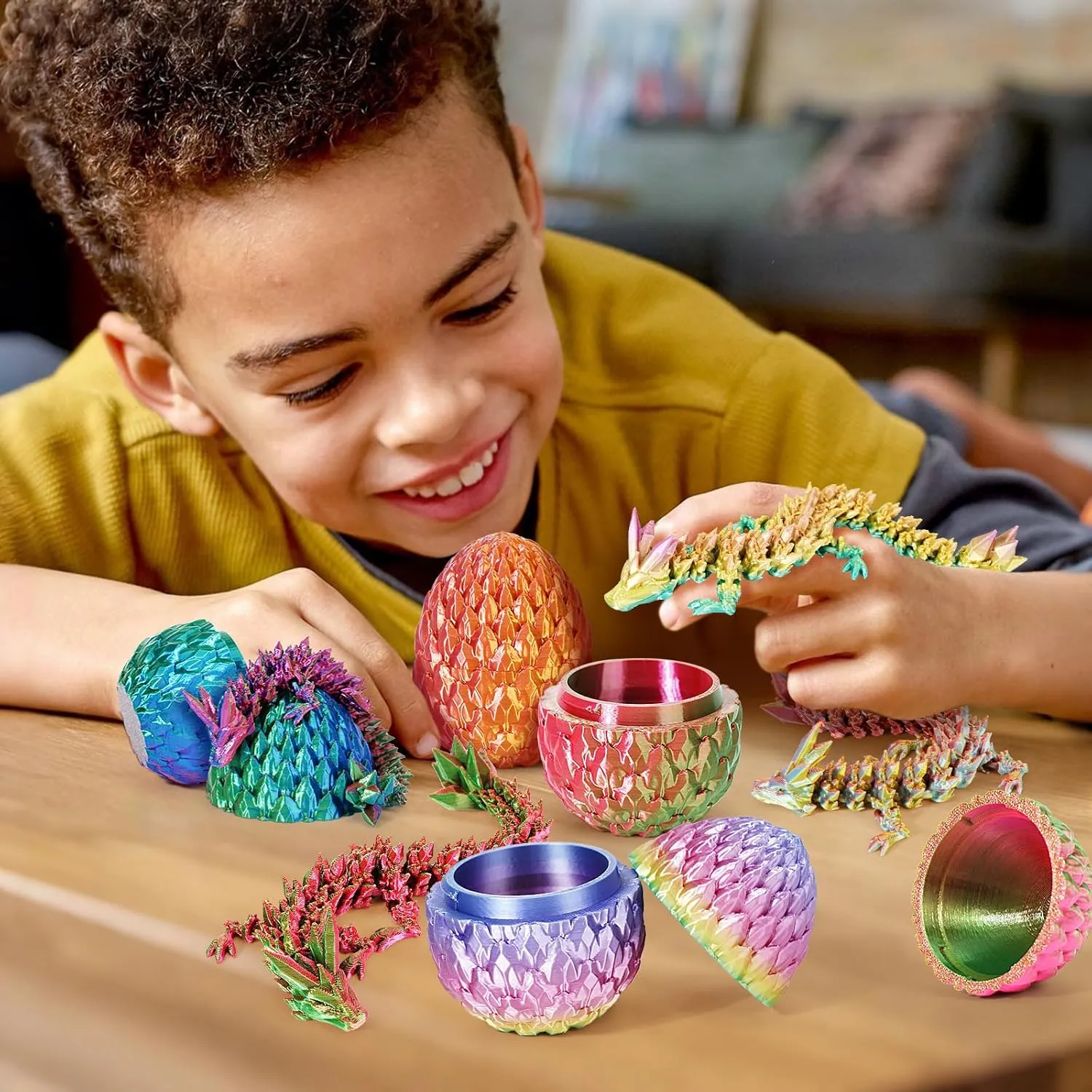 4PCS Dragon Eggs with Dragon Inside Mini Dragon Eggs Set Mystery Dragon Egg Fidget Toy Articulated Dragon 3D Printed Animals Set Mini Articulated Crystal Dragon Toy