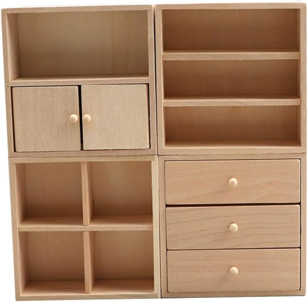 4pcs Miniature Wooden Cabinet for Dollhouse DIY Realistic Mini Furniture for Tiny House Includes Mini Bookcase Cake Cabinet for Creative Decoration and Hands Learning