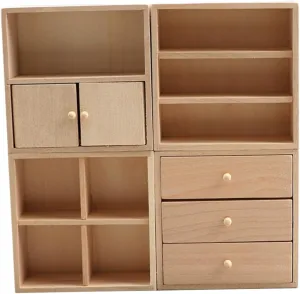 4pcs Miniature Wooden Cabinet for Dollhouse DIY Realistic Mini Furniture for Tiny House Includes Mini Bookcase Cake Cabinet for Creative Decoration and Hands Learning