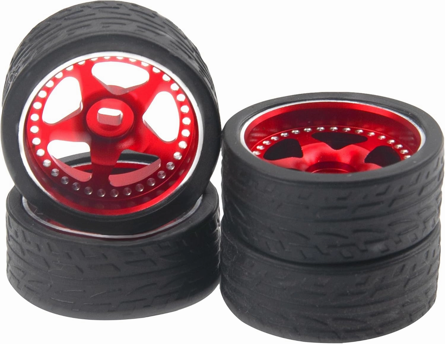 4PCS ShareGoo Metal 1/28 Wheel Rims & Rubber Racing Tires 5-Spoke Compatible with Wltoys K969 K989 P929 Kyosho Mini-Z Mini-Q Mini-D 1/28 RC Car (Red)