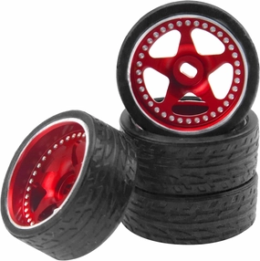 4PCS ShareGoo Metal 1/28 Wheel Rims & Rubber Racing Tires 5-Spoke Compatible with Wltoys K969 K989 P929 Kyosho Mini-Z Mini-Q Mini-D 1/28 RC Car (Red)