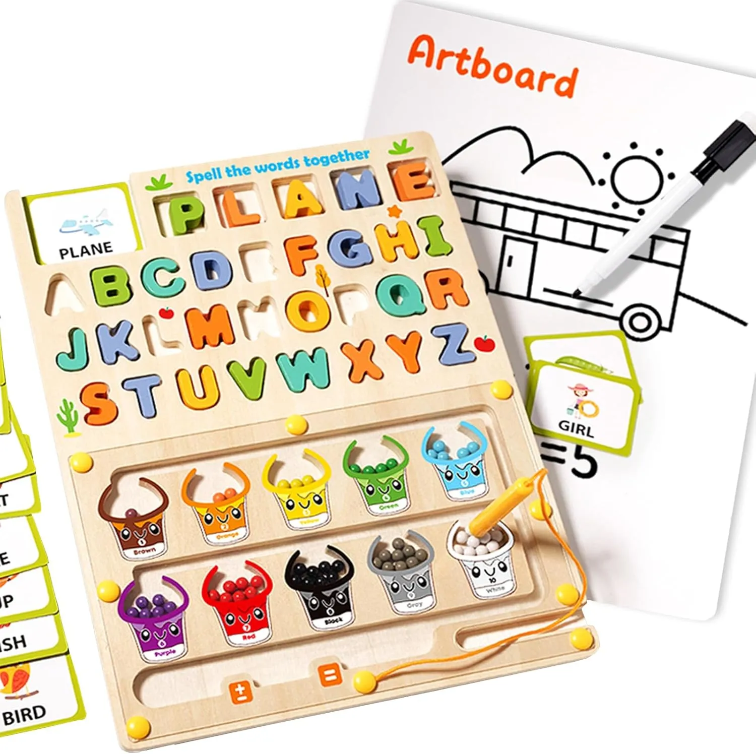 5 in 1 Wood Montessori Toys, Incl Magnetic Color & Number Maze, Addition and Subtraction, ABC Learning, Matching Letter, Artboard, Toddler Fine Montessori Toys for Boys Girls 3 4 5 Years Old (Style 1)