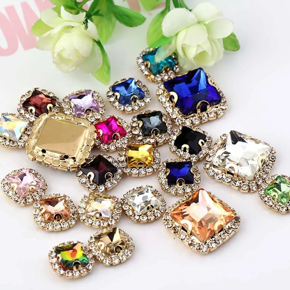 50 Pcs Crystal Glass Sew on Rhinestones for Crafting, 8x8 mm Gems for Sewing,Shiny Square Rhinestones with Gold Claw for Jewels Making Clothing Shoes Wedding DIY,Peacock Blue
