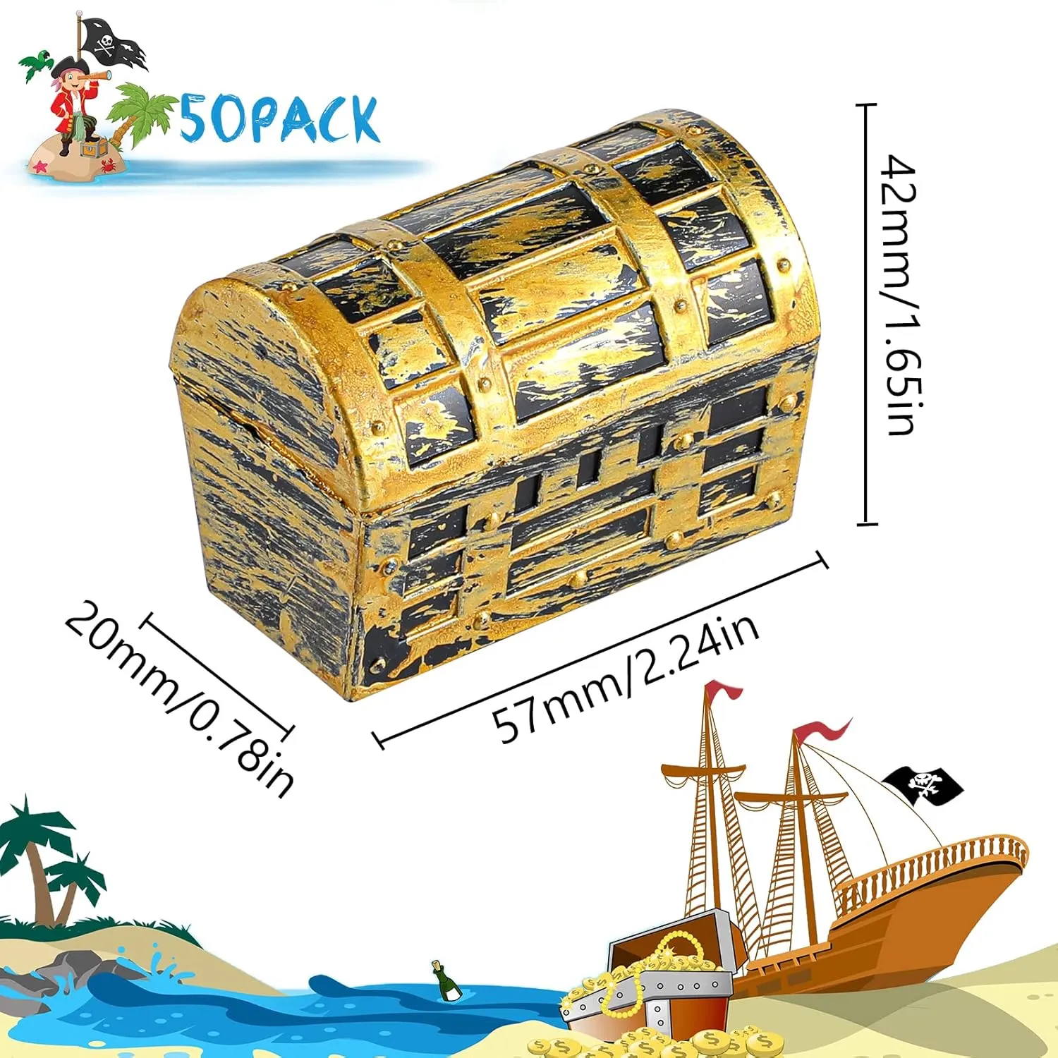 50 Pieces Pirate Treasure Chests 2.3 Inch Plastic Chests with a Gold Finish Vintage Pirate Jewelry Box Games Toy Set Pirate Birthday Party Favors Supplies for Boys Girls Halloween Party (50 Pieces)