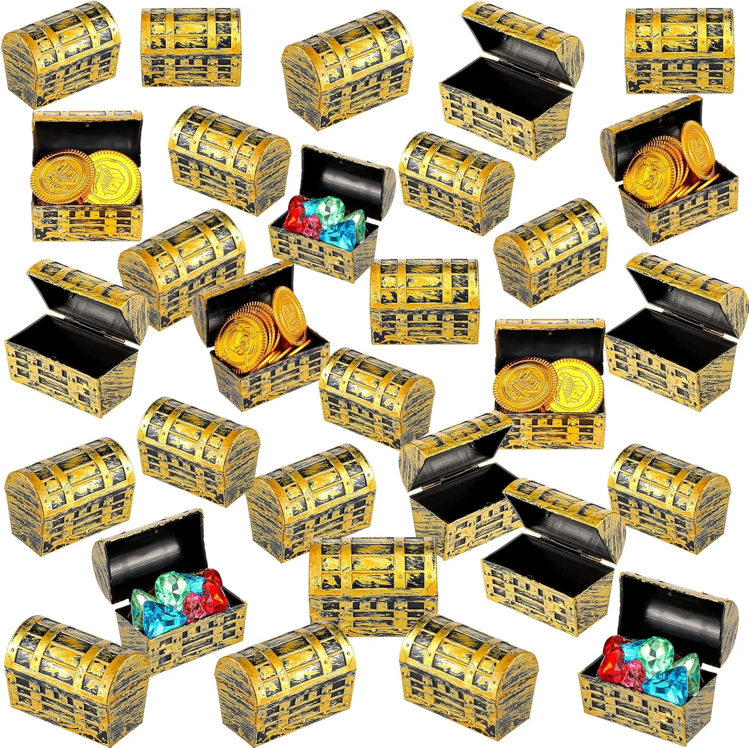 50 Pieces Pirate Treasure Chests 2.3 Inch Plastic Chests with a Gold Finish Vintage Pirate Jewelry Box Games Toy Set Pirate Birthday Party Favors Supplies for Boys Girls Halloween Party (50 Pieces)