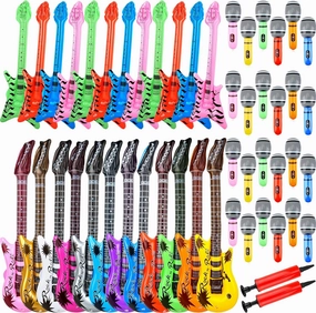 50 Pack Inflatable Rock Star Toy Set Includes 12 Pcs Inflatable Guitar 12 Pcs Inflatable bass 24 Pcs Blow up Microphone and 2 Pcs Air Pump for Children Musical Party Favors