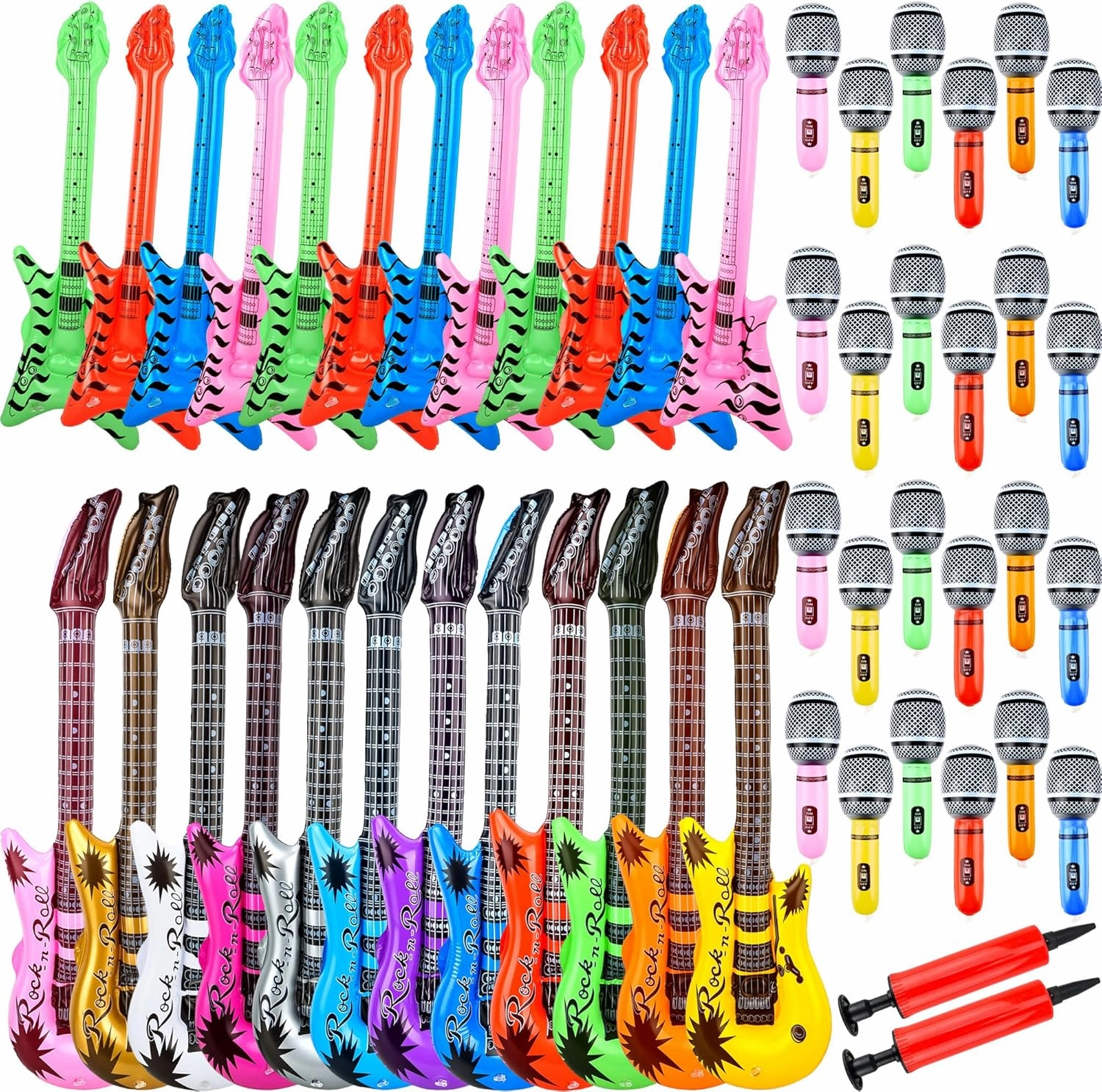 50 Pack Inflatable Rock Star Toy Set Includes 12 Pcs Inflatable Guitar 12 Pcs Inflatable bass 24 Pcs Blow up Microphone and 2 Pcs Air Pump for Children Musical Party Favors