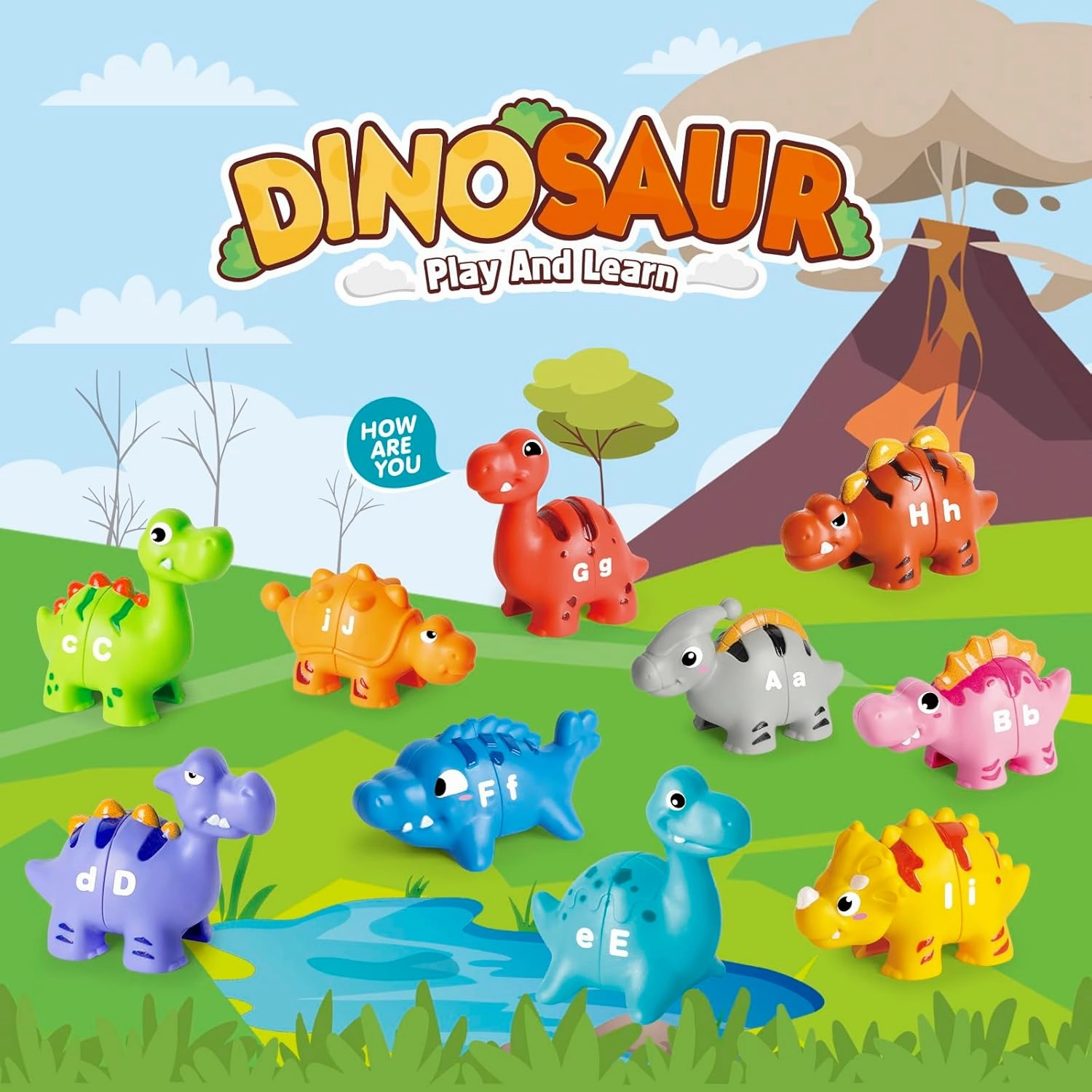 52 PCS Dinosaur Alphabet Learning Toys for Toddlers 2-4, 10 Different Dinosaur Figures, Double Sided ABC Matching Game, Preschool Activities Montessori Fine Motor Toys for Toddlers Kids