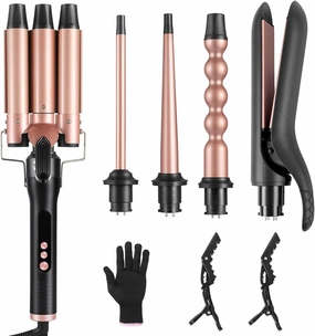 5 in 1 Hair Curling Iron Wand Set PTC Fast Heating Hair Crimper Professional Hair Styling Tools LCD Temp Control with Hair Straightener, Ceramic 3 Barrel Hair Waver Surprise Gift for Women Girl