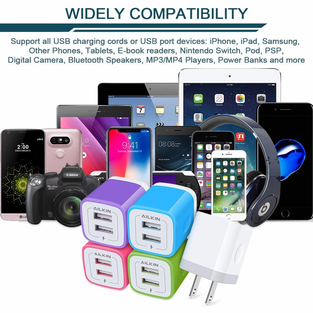 5Pack USB Wall Charger, Charger Adapter, AILKIN 2.1Amp Dual Port Quick Charge Plug Cube for iPhone 14/13/12/SE/11 Pro Max/8/7/6S/6S Plus/6 Plus/6, Samsung Galaxy, Moto, Kindle Fire Charging Box Block