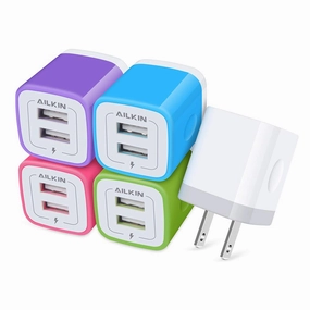 5Pack USB Wall Charger, Charger Adapter, AILKIN 2.1Amp Dual Port Quick Charge Plug Cube for iPhone 14/13/12/SE/11 Pro Max/8/7/6S/6S Plus/6 Plus/6, Samsung Galaxy, Moto, Kindle Fire Charging Box Block