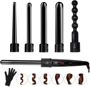 6 in 1 Curling Iron Wand Set with 6 Interchangeable Ceramic Barrels and Heat Protective Glove (Black-6in1) (Black-6)