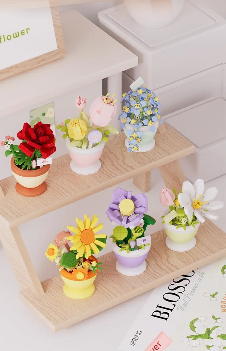 6 Set Mini Flower Bonsai Building Toy Potted Plant Blocks Artificial Particle Flower Botanical