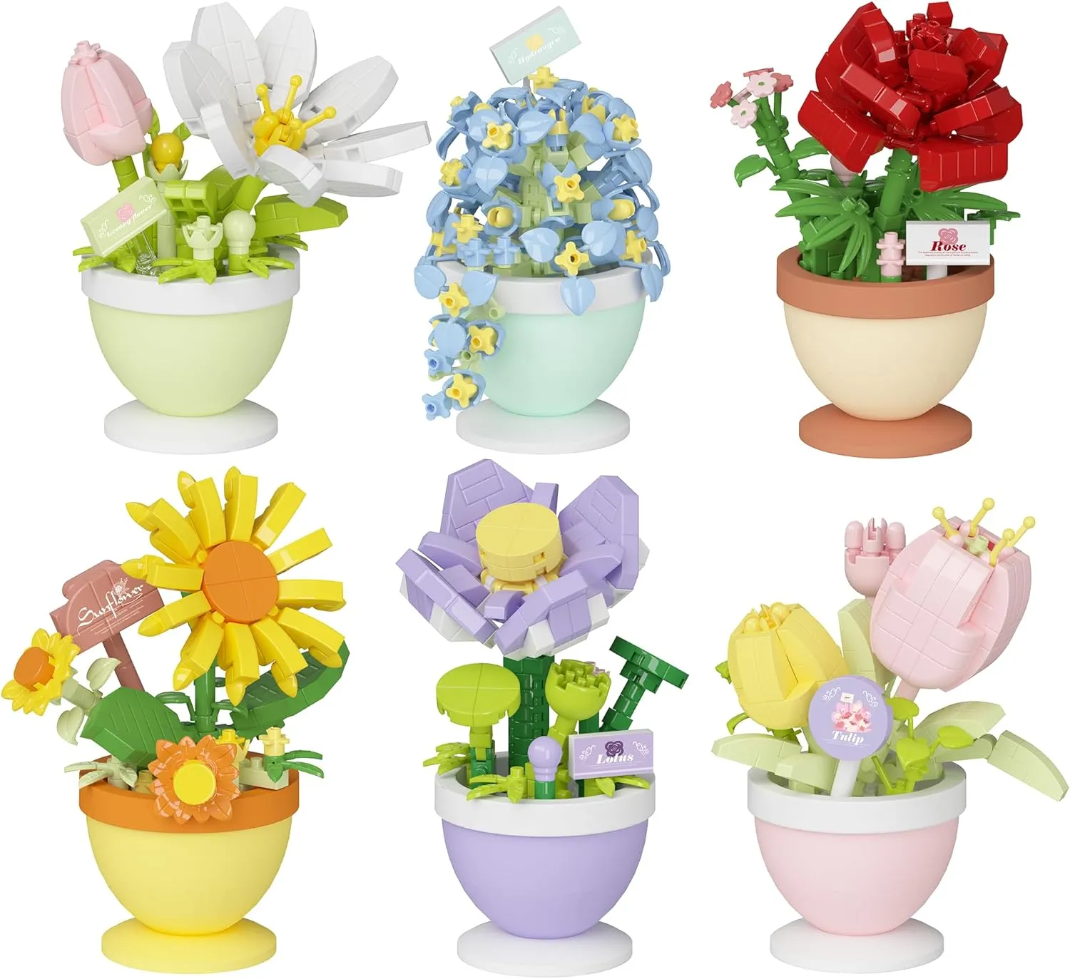 6 Set Mini Flower Bonsai Building Toy Potted Plant Blocks Artificial Particle Flower Botanical