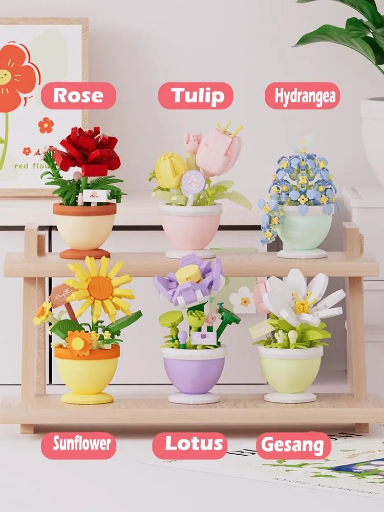 6 Set Mini Flower Bonsai Building Toy Potted Plant Blocks Artificial Particle Flower Botanical