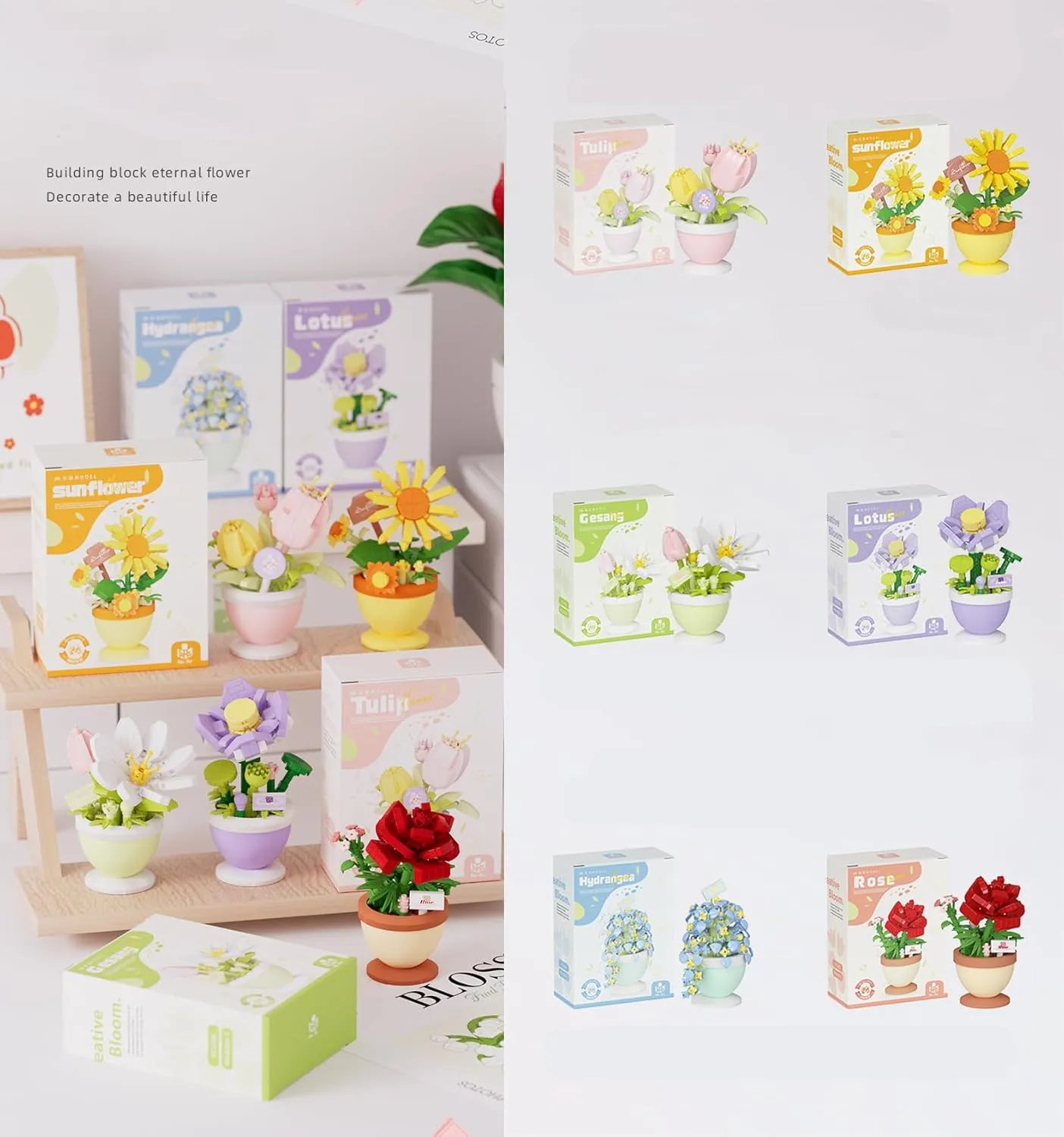 6 Set Mini Flower Bonsai Building Toy Potted Plant Blocks Artificial Particle Flower Botanical